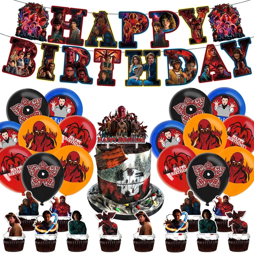 30 Pcs TV Series Role Birthday Decorations, Horror Theme Party Decorations, Includes 1 Banner, 16 Balloons, 1 Happy Birthday Topper, and 12 Dessert Decorations.