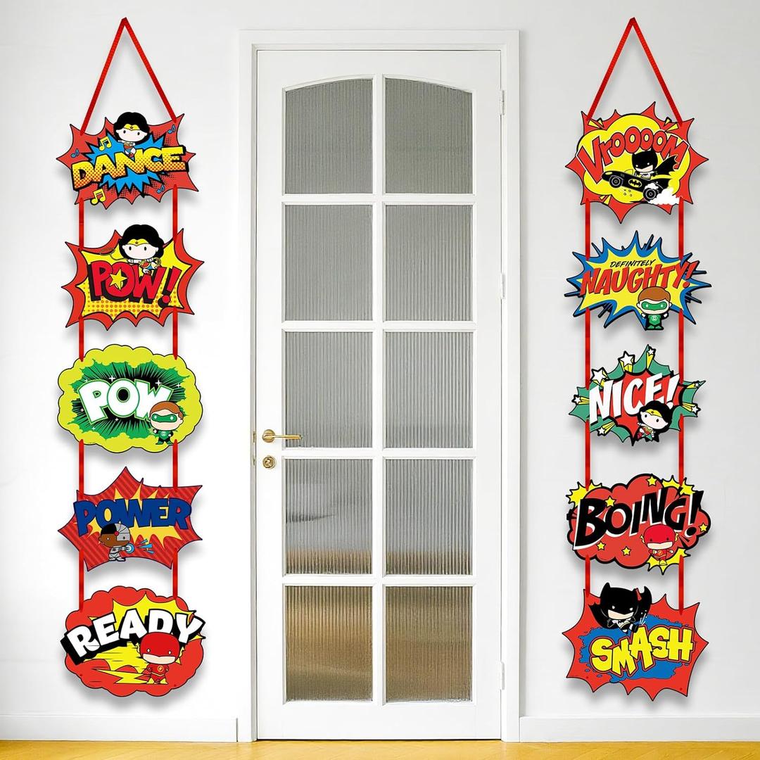 Superhero Cartoon-Themed Party DecorationsLarge Hero Action Sign Cutouts,Fun Comic Style Banner & Door Hanger Decor 10 Count for Birthday,Baby Shower,Back to School,Classroom and Porch Decorations