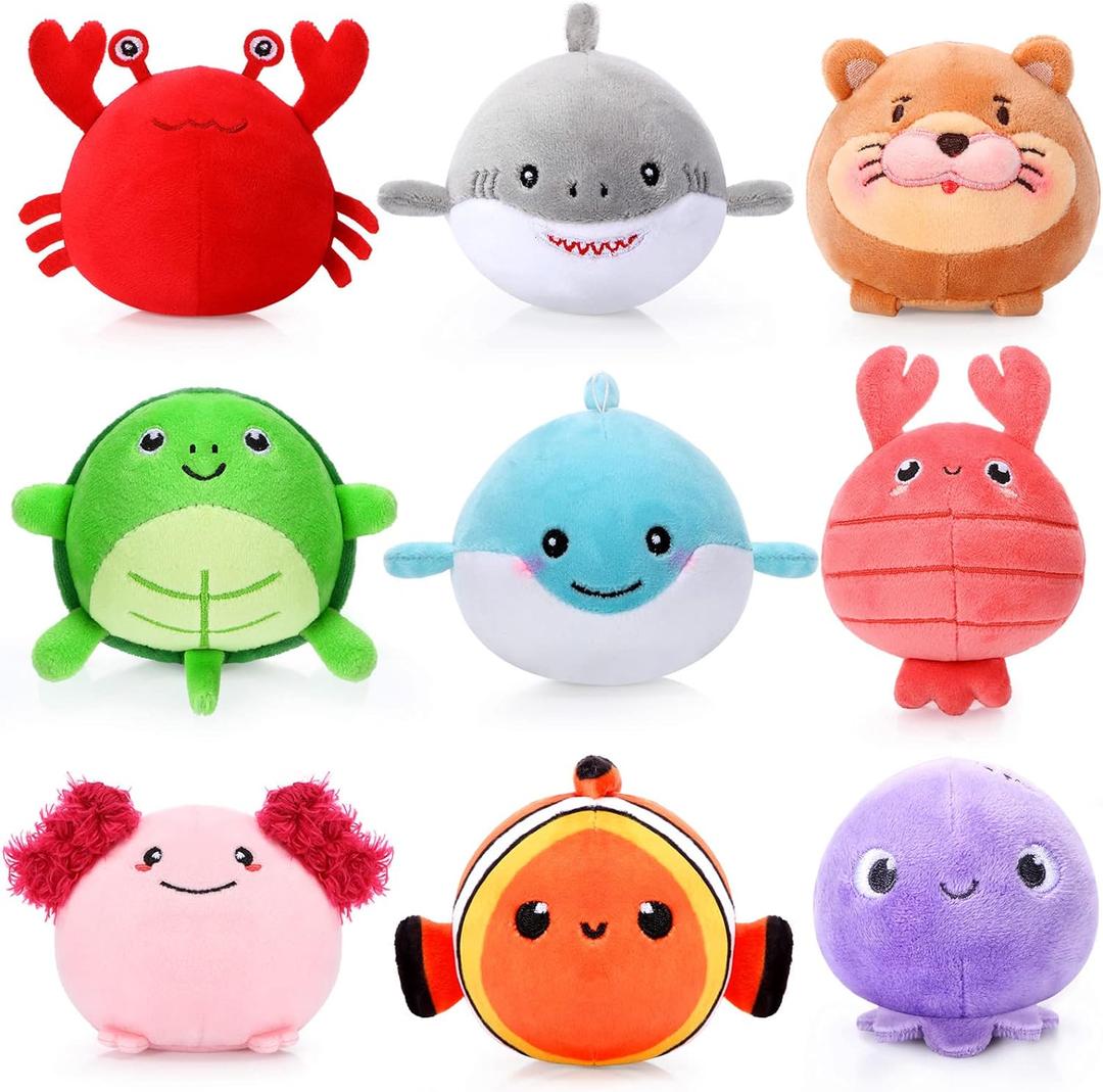 9 Pcs Mini Sealife Stuffed Animals 3.15 Inch Stuffed Shark Turtle Ocean Animal Soft Plushies for Birthday Ocean Party Decors Gift Bag Fillers Easter Basket Stuffers Classroom Prizes