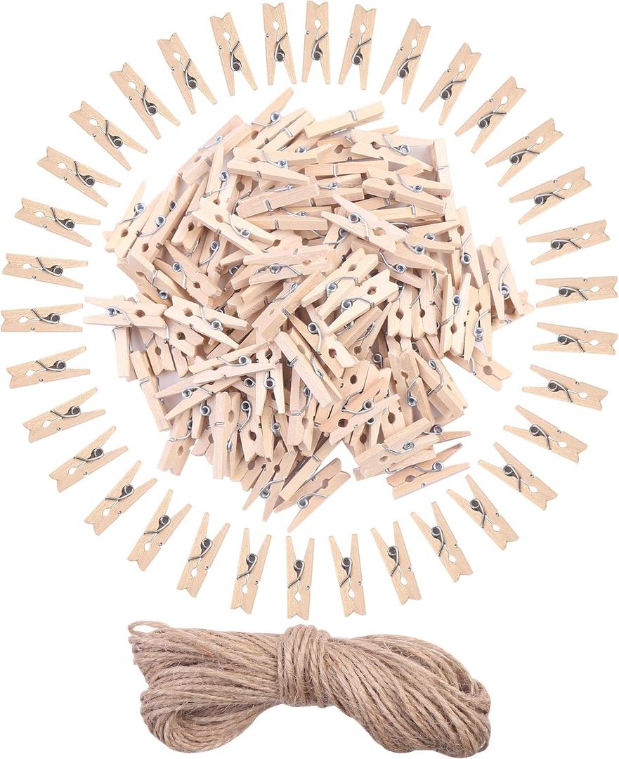 DIYASY 120 Pcs Mini Wood Clothespins,1 Inch Small Craft Wooden Clips with Jute Twine for Photo Wall and DIY Craft.