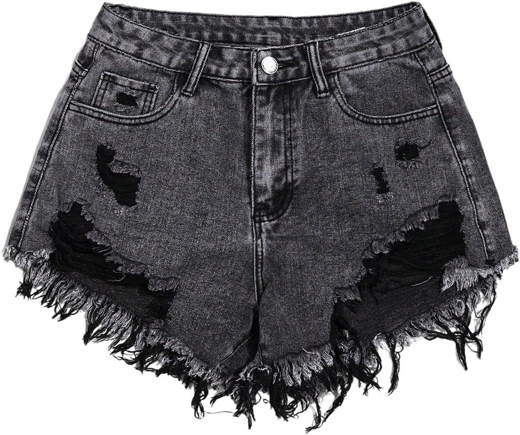 SOLY HUX Women's Ripped Raw Hem Jean Shorts High Waisted Straight Leg Denim Shorts Streetwear (Large)