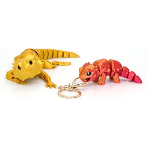 3D Printed Bearded Dragon Animals Set 7 Inch Medium + Mini Lizard Keychain, Hand-Painted Cute Eyes Realistic Reptile Accessories with Full Articulated, Unique Fidget, Gold