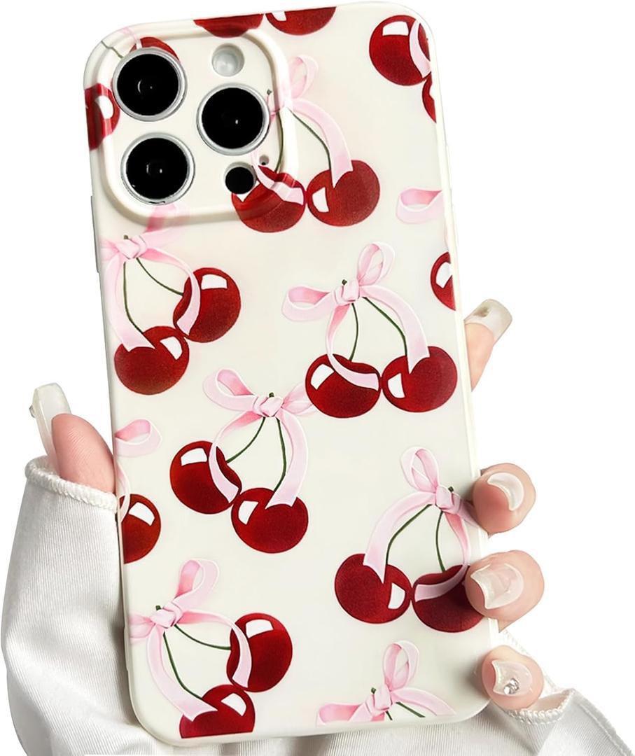 NITITOP Compatible with iPhone 12 Pro Case Aesthetic Cute Bow Knot Cherry Pattern for Women Girls Trendy Bowknot Ribbon Slim Fit TPU Bumper Shockproof Full Camera Protection Cover - White