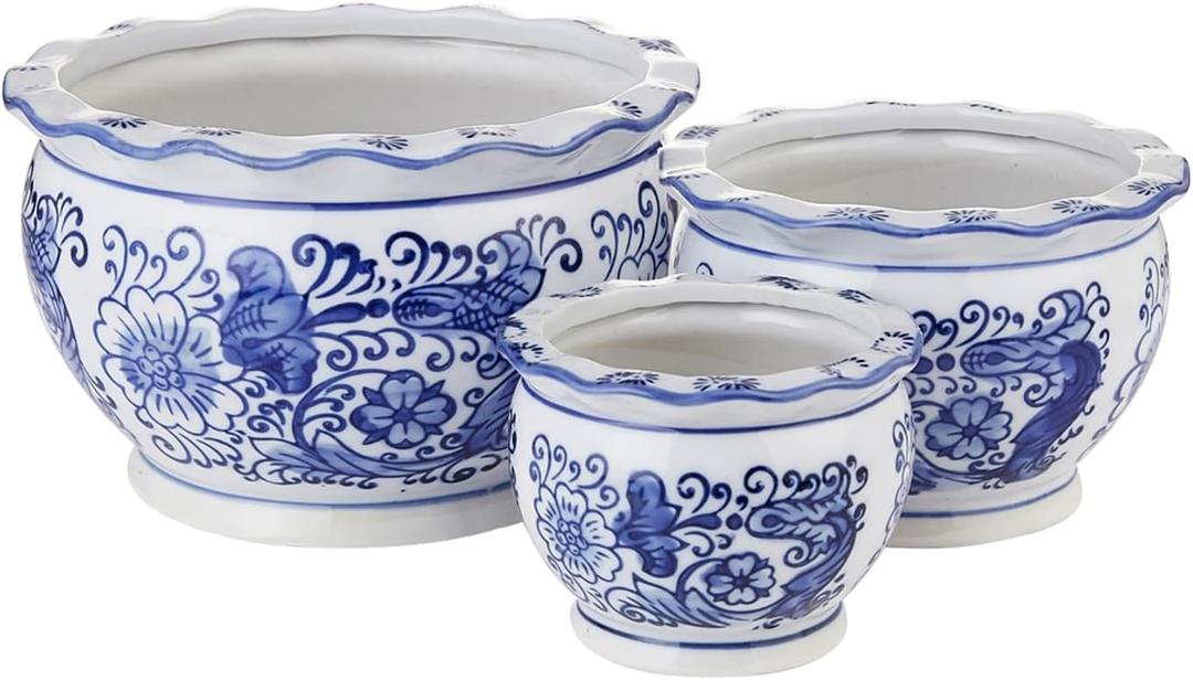 HakkaGirl Blue and White Planters, Succulent Pots Ceramic Plant Pots Indoor with Drainage for Home Dcor - Set of 3