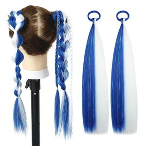White and Blue Hair Extensions for Braids Ponytail Extension 2 Packs, 20 inch Crazy Hair Day Accessories for Women, DIY Festival Wacky Rave Braids for Women,Tinsel Mixed