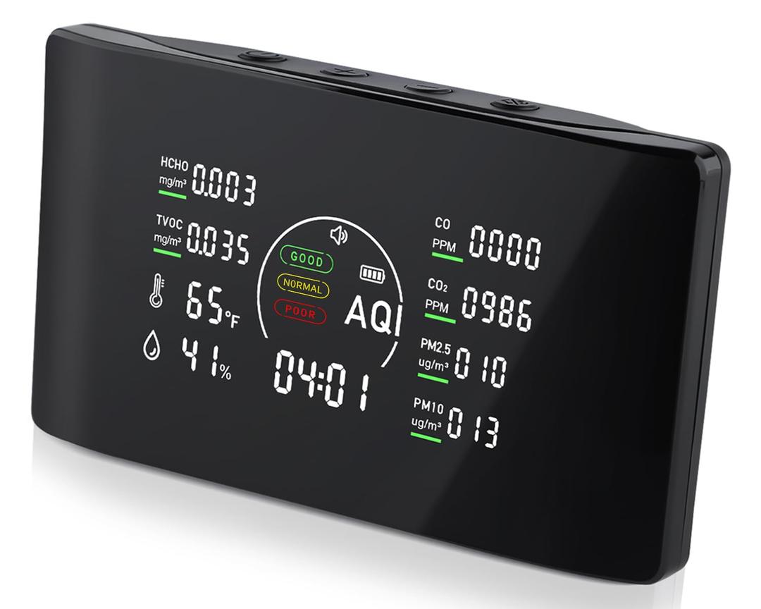 10 in 1 Indoor Air Quality Monitor with Portable Sensors for CO2, PM2.5, Temperature & Humidity, VOC Sensor and AQI, Accurate Formaldehyde,CO2 Detector, Suitable for Home, Black E1