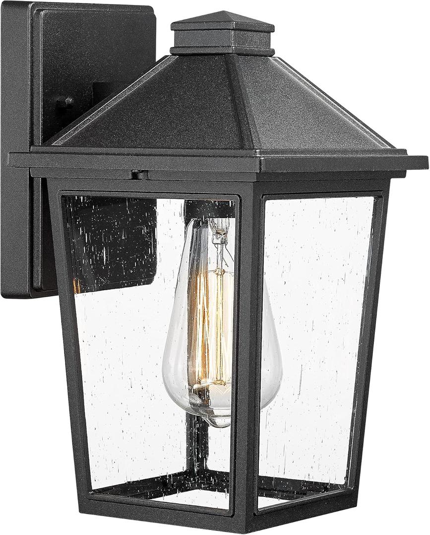 Outdoor Wall Light Fixture, HWH Exterior Wall Sconce Lantern, Outdoor Porch Lights with Seeded Glass Shade for Doorway, Garage, Matte Black Finish, 5HX64BM BK (Large)