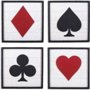 Poker Wall Art Decor Game Room Decor Framed Wooden Square Accessories Hanging Vintage Rustic Masculine Decorative Wall Signs for Boy Man Room Living Room Bedroom Gift for Gaming Lover, Set of 4