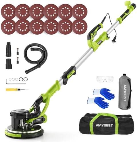 AMYBEST Drywall Sander, Powerful Electric Drywall Sander with Vacuum Dust Collection, 5 Speed 1000-2100 RPM, Popcorn Ceiling Remover, LED Light & 12 Sanding Discs, Extendable Handle (GREEN)