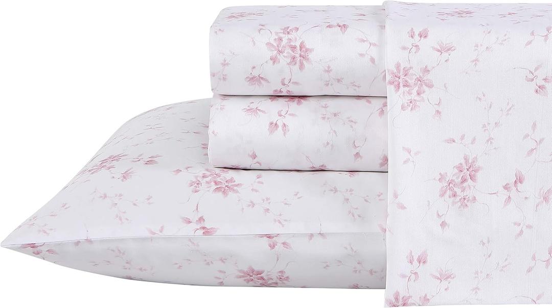 Laura Ashley - Queen Sheet Set, Buttery-Soft Bed Sheets with a Naturally Silky Smooth Cotton Sateen Lightweight Feel - Matching Pillowcases & Fitted Sheet (Garden Muse Pink)