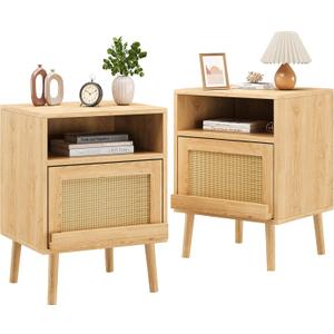 Rattan Nightstand, Boho Bedside Tables with Drawer Open Shelf, End Table with Solid Wood Legs for Living Room, Bedrooms - Caramel, 2 Pieces