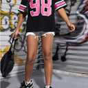 Verdusa Girl's Letter Print Loose T Shirt V Neck Half Sleeve Tee Tops (Black)