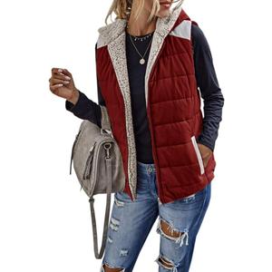 Womens Sherpa Fleece Full Zip Reversible Vest Warm Color Block Hoodie Outwear with Pocket (Large, Wine Red)