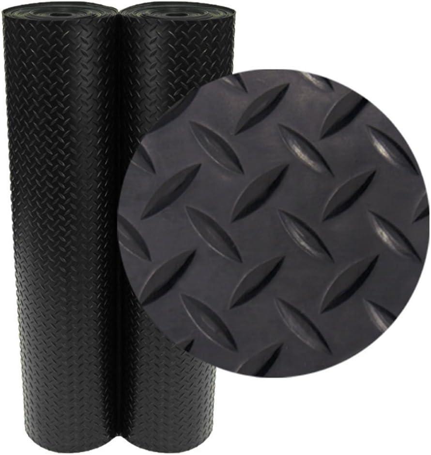 Rubber-Cal Diamond-Plate Rubber Flooring Roll - 3 mm x 4 ft x 7 ft Roll - Black