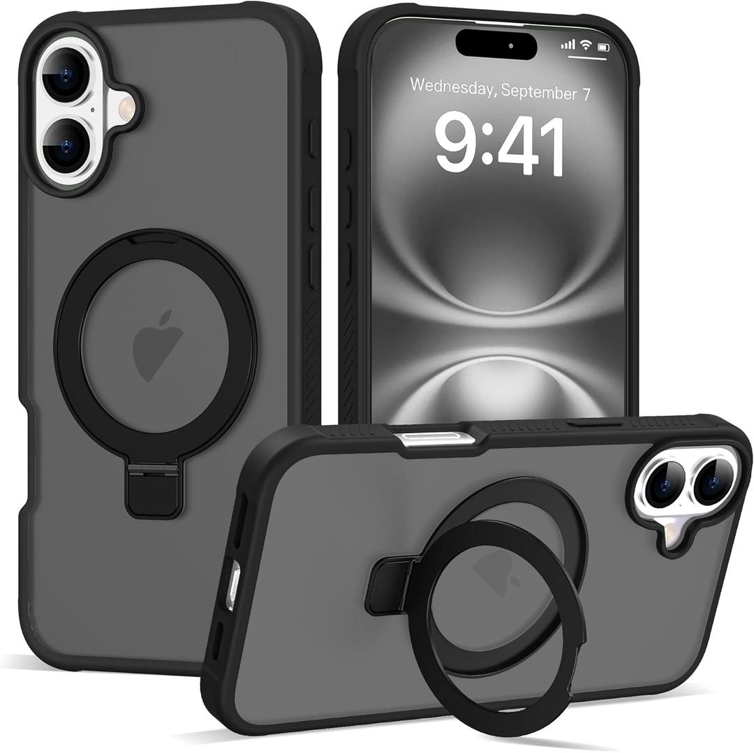 for iPhone 16 Plus Case with Invisible Ring Stand,Military Drop Protection Compatible with Mag-Safe Matte Translucent Back Anti-Slip Shockproof Phone Cover 6.7 Inch 2024-Black