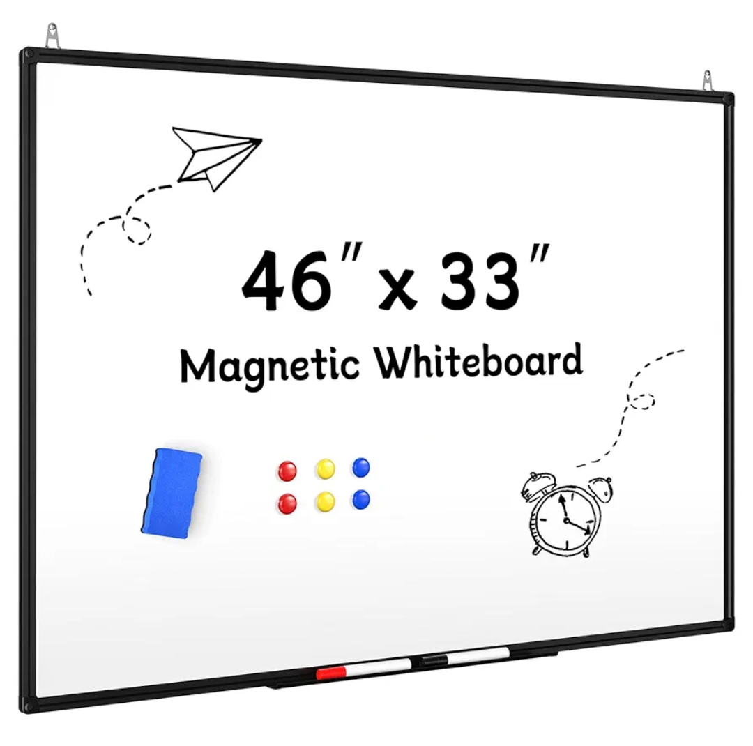 Magnetic Dry Erase White Board - 46 x 33 Inch Whiteboard for Wall - 4 x 3 Large Wall-Mounted Board with Black Aluminum Frame, 1 Magnetic Eraser, 2 Pens, 1 Detachable Marker Tray, 6 Magnets