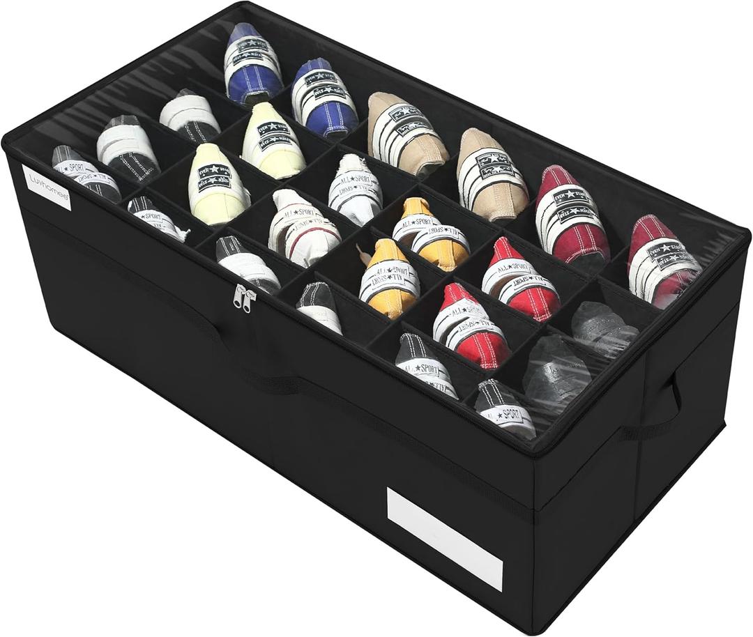 Luvhomee Shoe Storage Organizer, Fits 24 Pairs, Large Shoe Organizer Box for Closet, Clear Foldable Shoes Containers w/Bottom Support, Space Saving Shoe Cubby Storage Boxes w/Reinforced Handles, Black