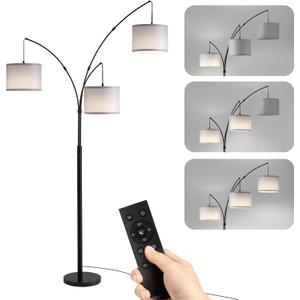 Floor lamp with Remote, 3 Light Arc Floor Lamps for Living Room, 2400LM Tall Standing Floor Lamps with Gray Shades, 80" Large Floor Lamp for Bedroom, Office