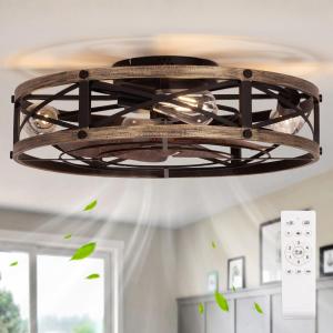 22" Farmhouse Ceiling Fan with Light, Rustic Caged Bladeless Low Profile Ceiling Fans with Lights and Remote, Modern Flush Mount Ceiling Fans with Lights for Bedroom, Living Room - ETL (Gold)