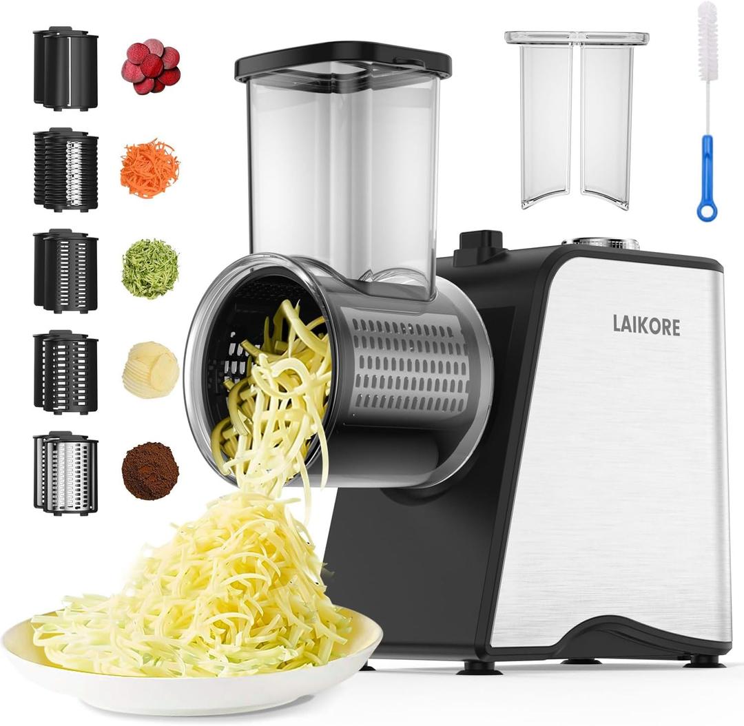 Electric Cheese Grater - 250W Electric Slicer Shredder Salad Maker with 5 Blades for Cheese, Vegetables, Fruits, and Salad, Easy One-Touch Control5 in 1Silver