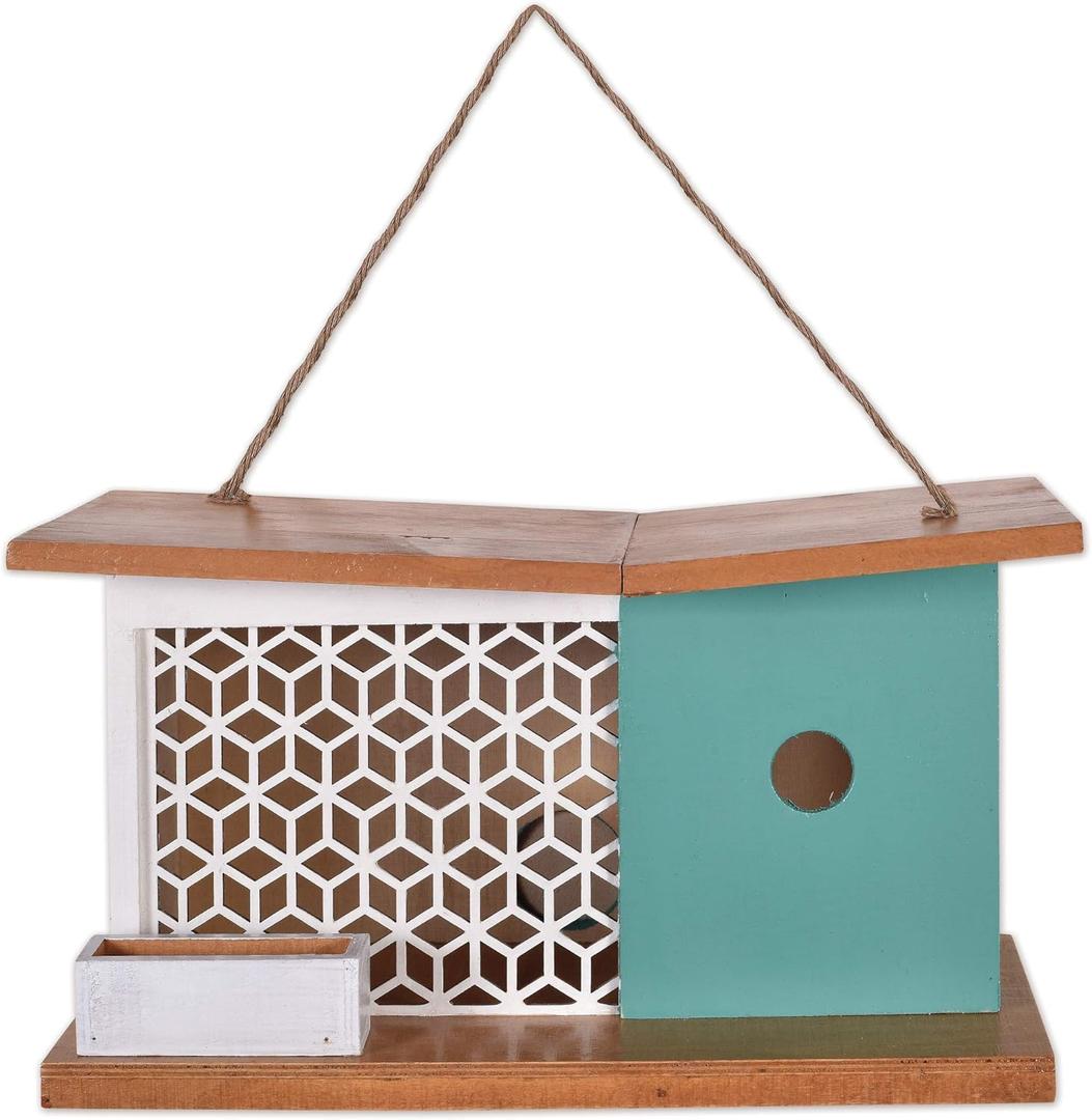 Sunset Vista Designs 93788 for The Birds-Mid-Century Modern Wooden Birdhouse, White Lattice 13" x 5.9" x 7.1"