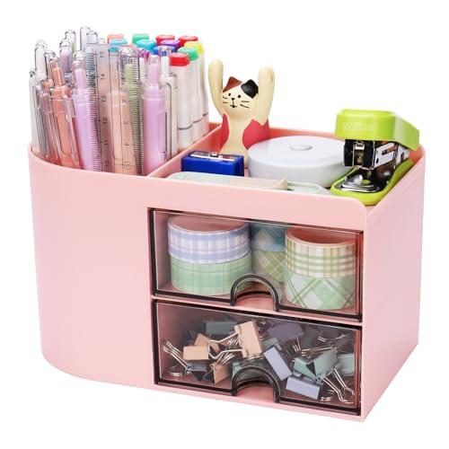 Meiikun Desk Organizer with Drawer, Pen Organizer for Desk, Small Pencil Holder, Desk Organizers and Accessories for Office Home Storage (2 Drawers+4 Compartments, Pink)