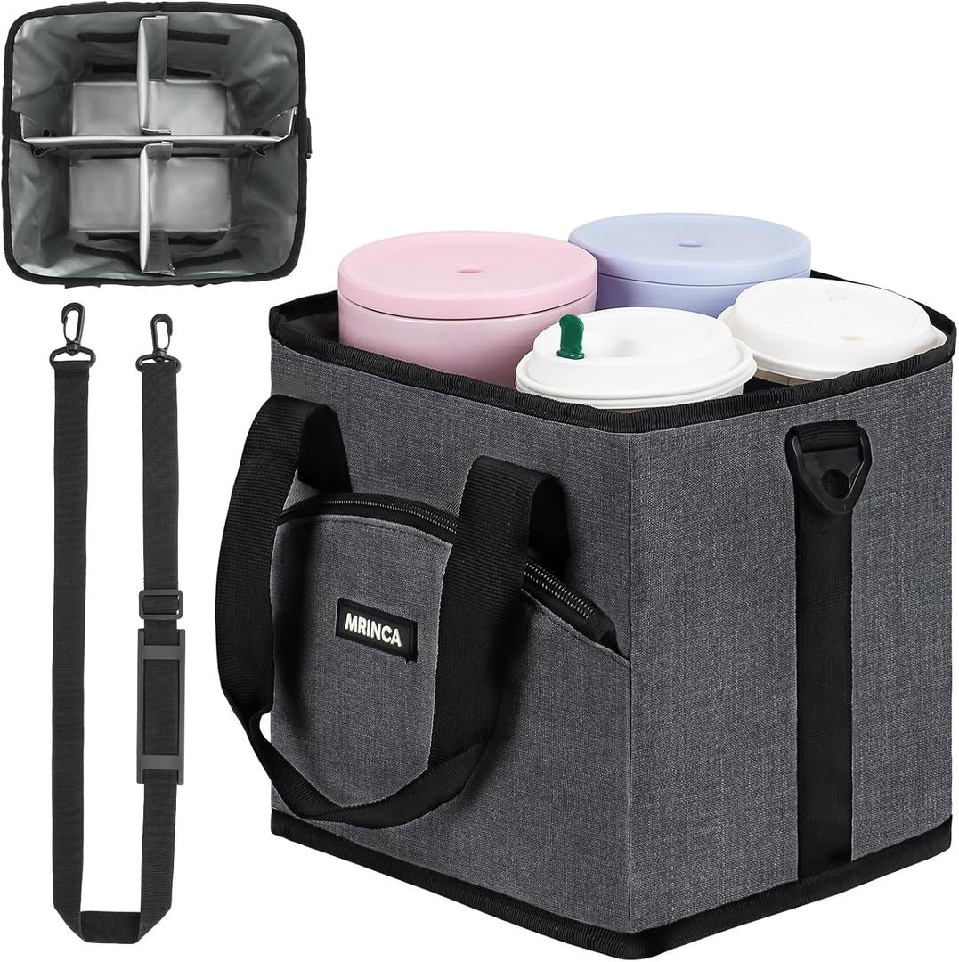 Reusable Drink Carrier with Handle Insulated, Collapsible 4-Cup Beverage Bag with No-Spill Base, Adjustable Dividers & Shoulder Strap, Portable Caddy for Delivery, Car and Travel, Gray