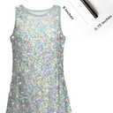 Girls Sequin Dress Sparkly Sleeveless Costume Prom Concert Party Outfit with Glitter Microphone Prop (Silver, L)