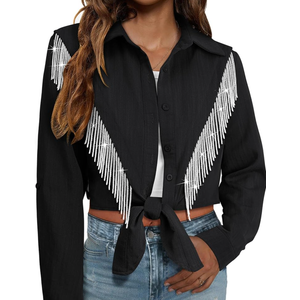 MYMORE Womens Rhinestone Fringe Cropped Button Down Shirt Rolled 3/4 Sleeve Tie Front Top Western Cowgirl Rodeo Outfit, M