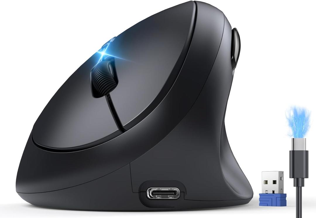 TECKNET Ergonomic Mouse, Bluetooth Wireless Vertical Mouse, Rechargeable Battery, Quiet Clicks, 4800 DPI Adjustable, BT5.0/3.0 & 2.4G Connect, Easy to use, Wide Compatibility - Black