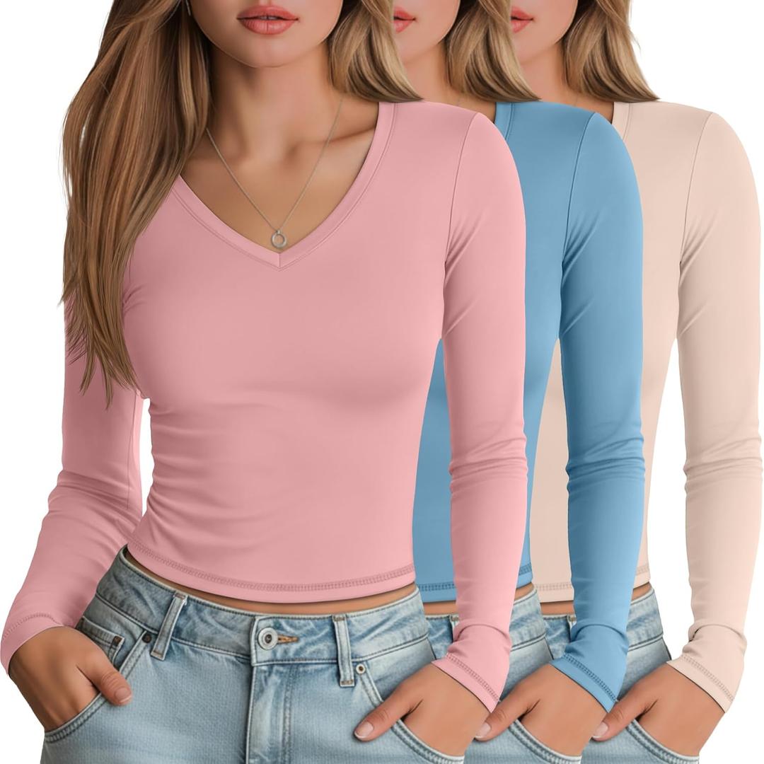 3 Pack Women's Long Sleeve Shirts V Neck Fitted Crop Tops Basic Tight Stretchy Tees Lightweight Layering Clothes (X-Large, Pink, Blue, Apricot)