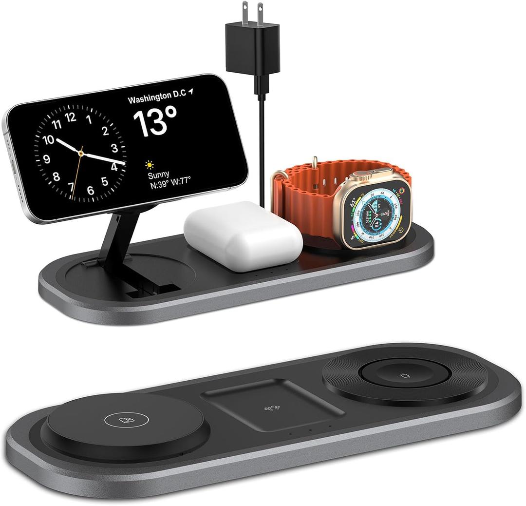 3 in 1 Fast Wireless Charger Stand for iPhone, Foldable Travel Charging Station for Magsafe for iPhone 17/Air/16/15/14/13/12 Series, Apple Watch Serie, AirPods pro/2/3/4, 2025 Christ mas Gifts (Black)