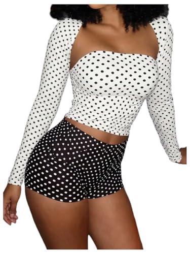 SOLY HUX Women's Y2k 3 Piece Outfits Polka Dots Crop Tube Top Long Sleeve Shirts and Shorts Party Rave Clothes Black and White M
