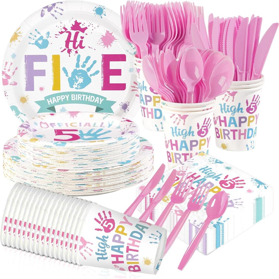 168Pcs Hi Five Birthday Party Decorations Colorful High Five Theme Plates and Napkins Cups Forks Disposable Boho 5th Tableware Sets for 5 Years Old Birthday Party Supplies Serves 24