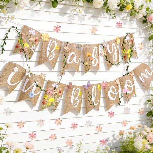 OBBOLO Baby in Bloom Baby Shower Burlap Banner, Flower Themed Baby Shower Decorations with Green Leaf String and Artificial petals and little Butterfly Decorations for Girls