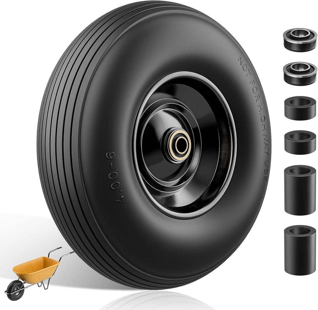 Wheelbarrow Wheel 4.00-6 tire 13"Flat Free Wheelbarrow Tires, Solid Wheel barrow Wheels and tires Replacement 5/8"3/4" Bearings, 1.75" Center Hub, Fits Garden Cart, Dolly, Hand Truck, Trailer, Wagon