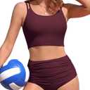 Charmo Women's High Waisted Bikini Sets Sporty Two Piece Swimsuit Ribbed Tummy Control Bathing Suit with Pockets (Wine Red) S