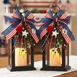 Patriotic Lanterns Decorative Indoor, 2 Pack Black Lantern with Timer Flameless Candle, 14" Battery Waterproof Outdoor Hanging 4th of July Lanterns for Porch, Patio, Patriotic Decorations