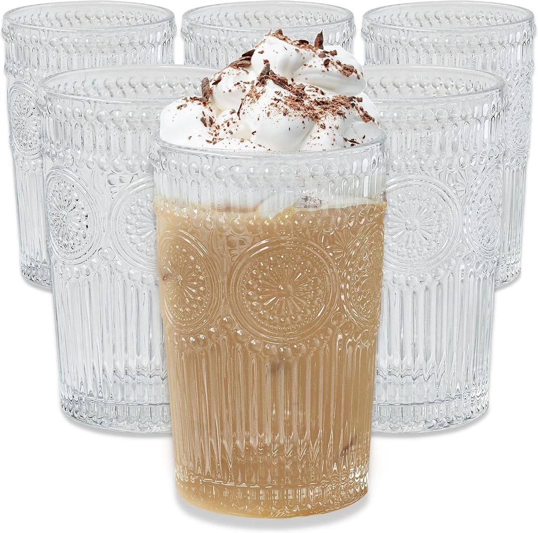 Kate Aspen Vintage Textured Clear Striped Drinking Glasses Set of 6, (13 oz) Ribbed Glassware Set with Flower Design | Cocktail Set, Glass Cups, Iced Coffee Cup Kate Aspen Vintage Textured Clear Striped Drinking Glasses Set of 6, (13 oz) Ribbed Glassware Set with Flower Design | Cocktail Set, Glass Cups, Iced Coffee Cup