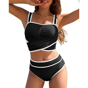 Jolefille High Waisted Bikini Sets for Women Two Piece Swimsuit Tummy Control Bathing Suit Modest Swim Suits Teens Swimwear L 