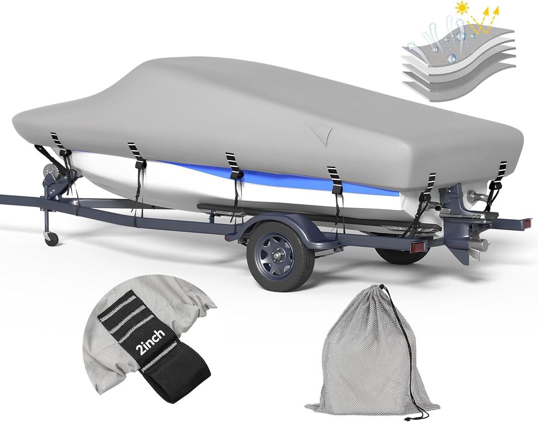 5-ply 1200D Boat Cover with Storage Bag & Widened Straps for Trailering & Mooring Fits 14-16ft Bass Boat, V-Hull, Tri-Hull Runabout Pro-Style Fishing Boat - Waterproof Anti-uv and Breathable (Length 14'-16', Beam width up to 68'', Gray)