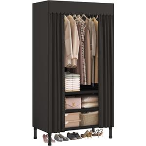 Portable Closets for Hanging Clothes,Clothes Rack with Cover,Portable Wardrobe Closet with 1 Hanging Rods, 2 Storage Shelves,27.5" L x 17.7" W x 67.7" H,Black