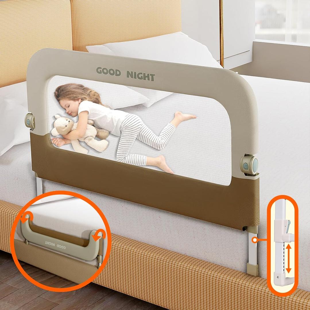 Bed Guard Rail for Toddlers - 32" Adjustable Heights & Folding up Portable Bed Railing for Baby - Toddler Bed Rails Guard for Crib, Twin, Bunk,Full Size, Queen & King Bed (32 inches, Beige With Khaki)