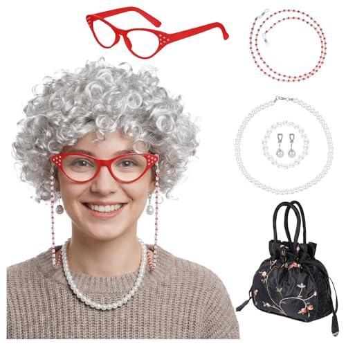 Hoyuwak 7 PCS Old Lady Costume Set 100 Days of School Costumes Granny Grandma Wig Accessories include Old Women Wig Necklace Bracelet Earring Glasses and Glasses Chain Black Handbag for Women