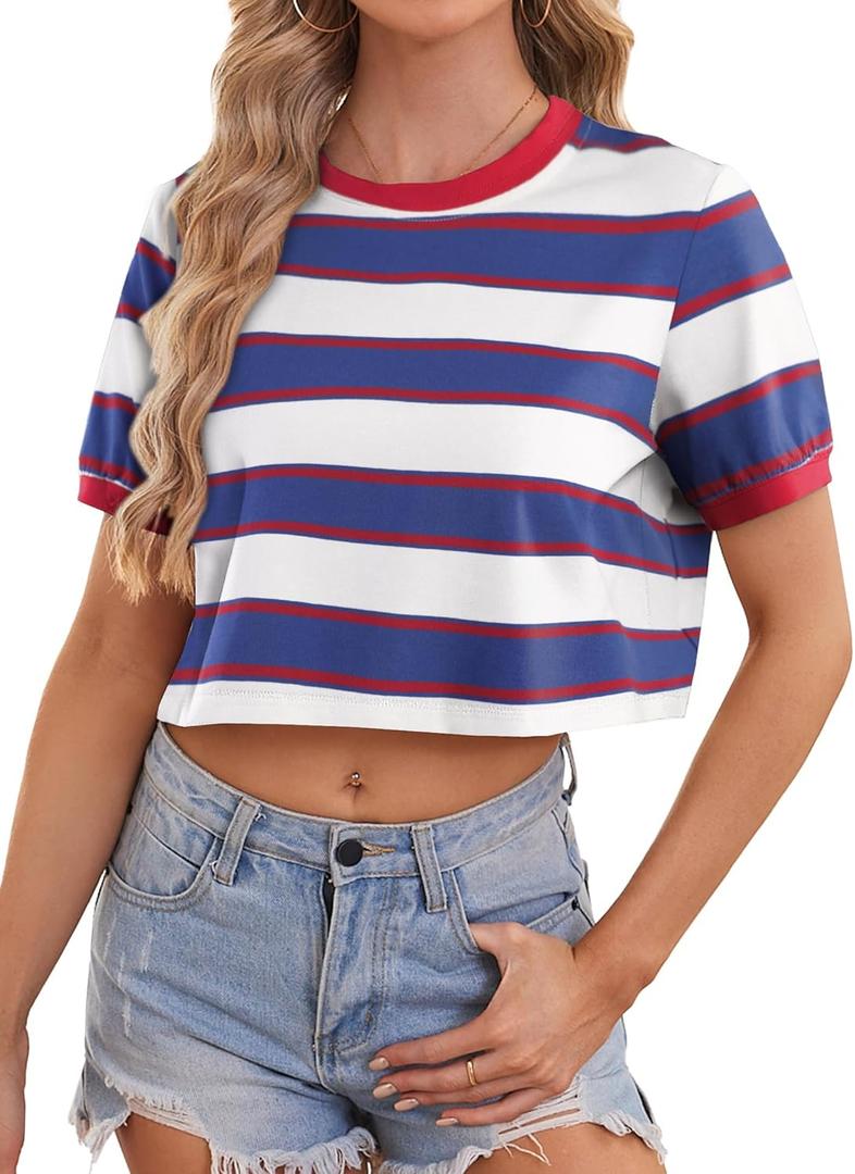 LilyCoco Womens Striped T Shirt Cotton Crop Short Sleeve Crew Neck Summer Tshirts Blue and White Medium (M)