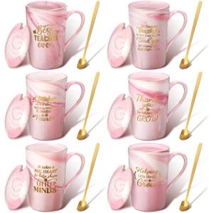 Sliner 6 Pcs Teacher Appreciation Gifts 3.9 x 3.6 Inches Thank You Teacher Cup Marble Coffee Mug with Spoon Lid Box for Women Men Birthday Christmas, 14 oz