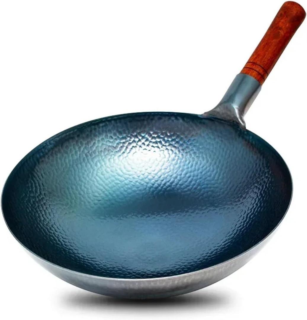 Traditional Hand Hammered Carbon Steel Pow Wok with Wooden and Steel Helper Handle, 14-Inch Round Bottom, Authentic Chinese Stir-Fry Pan,adapted to Gas Stoves(32cm no ear)