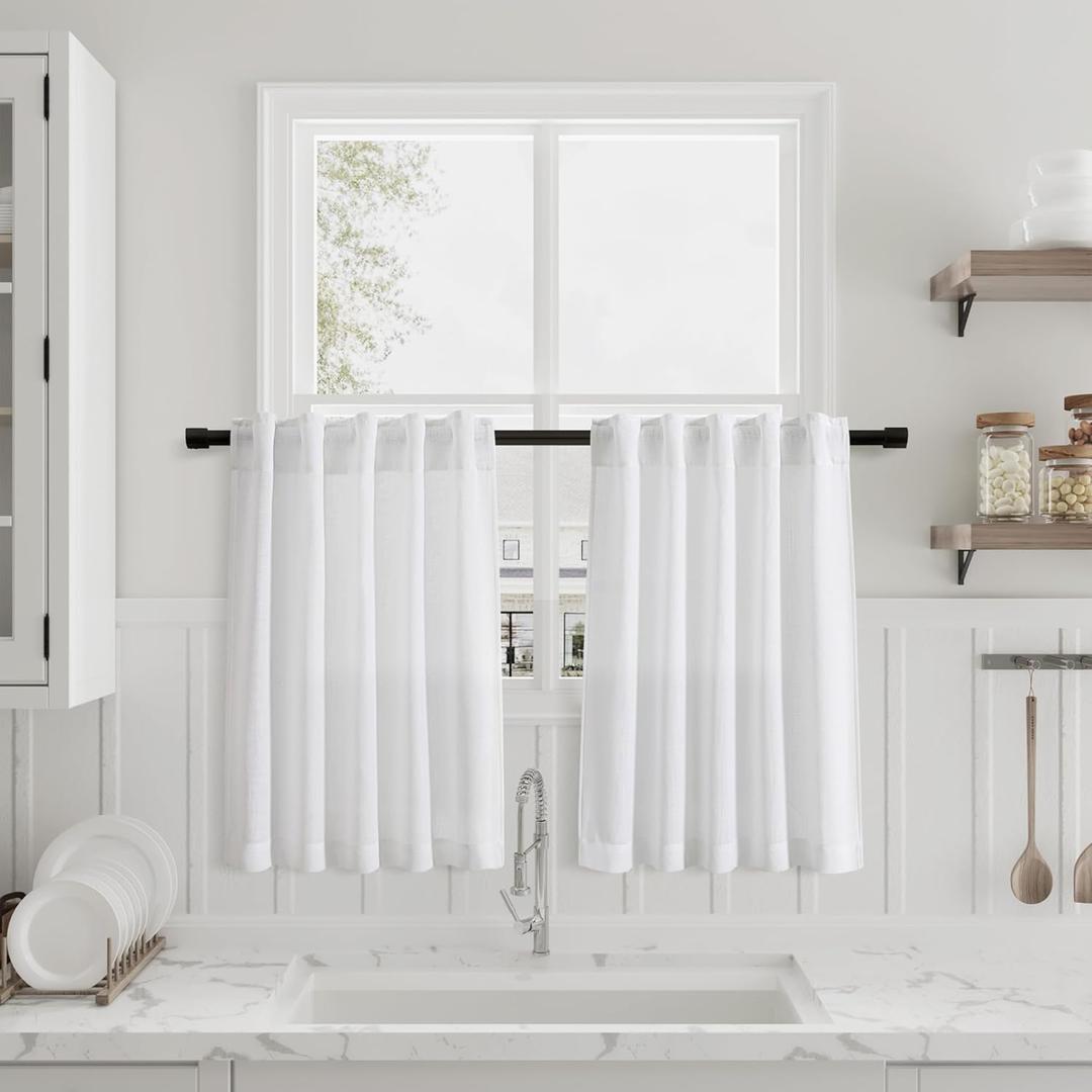 White Kitchen Curtains 30 Inch Length Back Tab Light Filtering Linen Blend Semi Sheer Short Cafe Drape Modern Elegant Boho Style Mini Curtain for Small Window Basement RV Laundry Camper 26x30