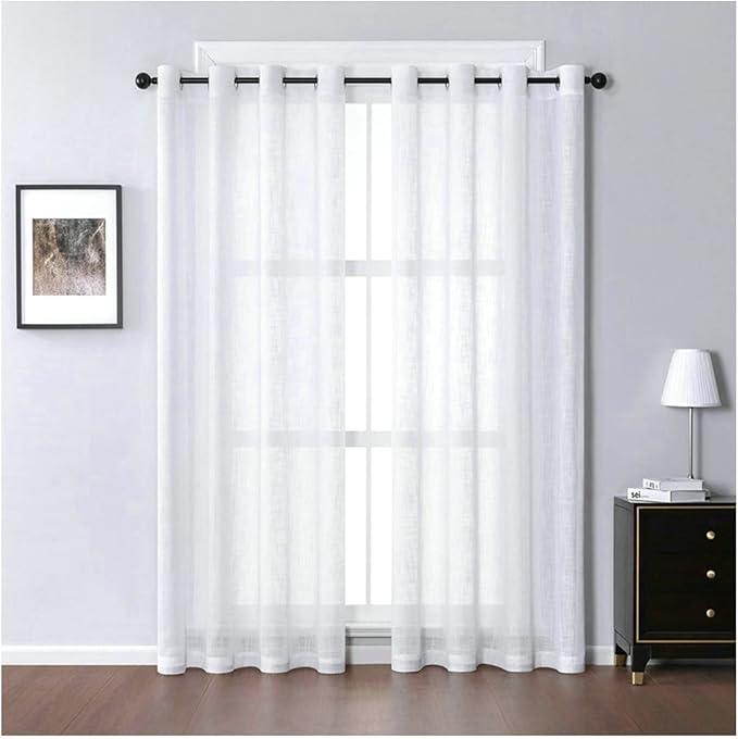 Sheer Curtain Girls Bedroom, Linen Solid Color White Sheer Curtains Long 2 Panels Grommet Bathroom Curtains Window Small  2 Panels, 59 x 84 Inch