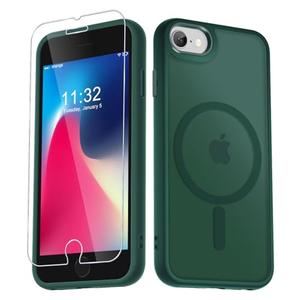 for iPhone SE Case 2022(3rd)/2020(2nd), iPhone 8/7 Case, with 1 Screen Protector, Matte Magnetic Slim Phone Cover, Support for Magsafe, Shockproof Protection Translucent Frosted Back,Dark Green